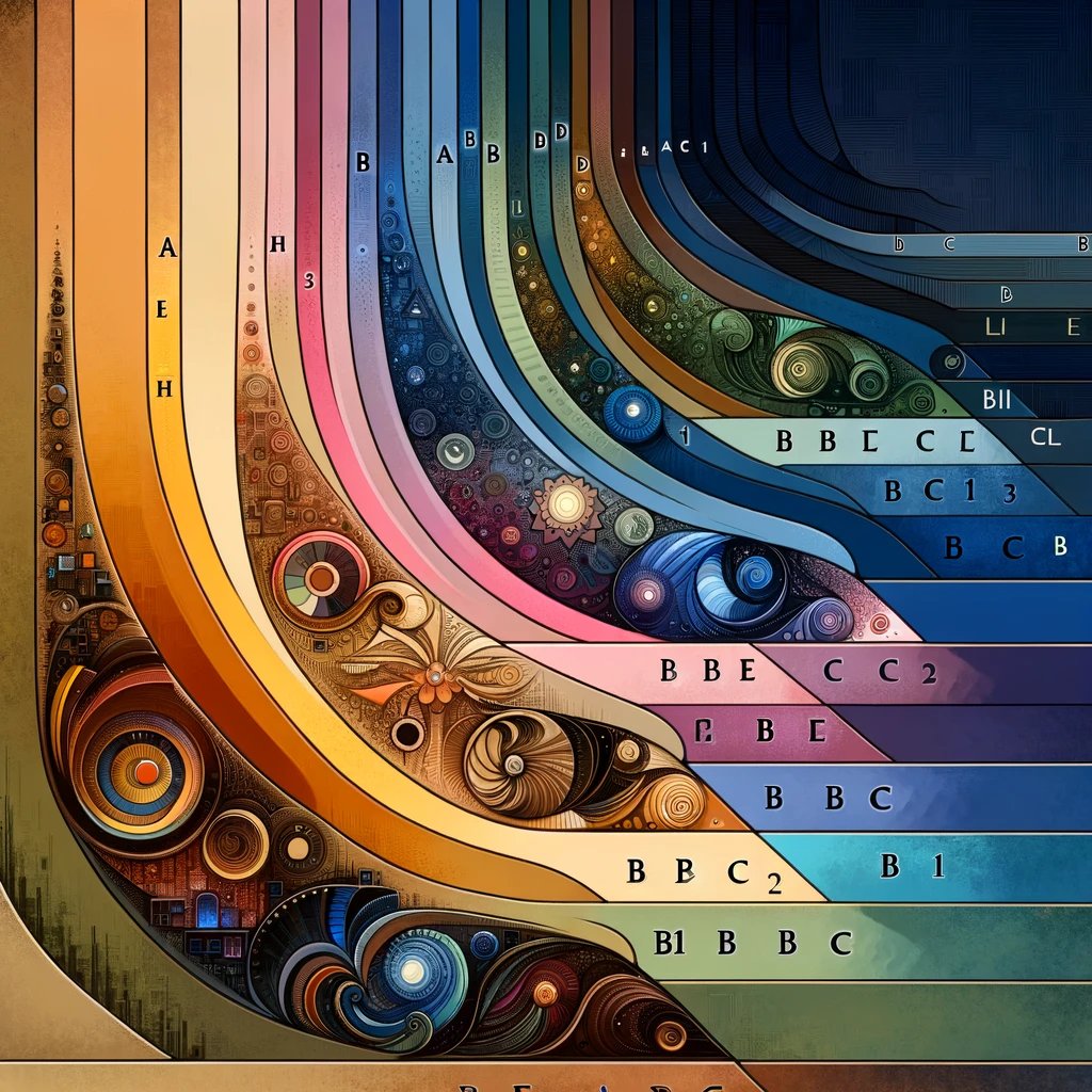 DALL·E 2024-05-05 23.46.46 - An abstract depiction of the language proficiency levels from A1 to C2. The image is designed as a progressive gradient, where each level is represent DALL·E 2024-05-05 23.46.46 - An abstract depiction of the language proficiency levels from A1 to C2. The image is designed as a progressive gradient, where each level is represent