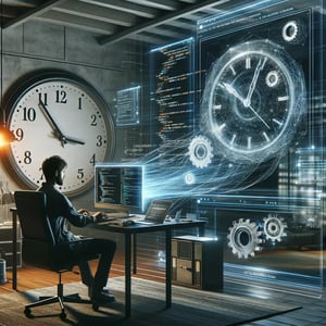 DALL·E 2024-05-28 17.31.57 - A realistic image that combines the concepts of time and programming. The scene features a modern office environment with a large clock prominently di