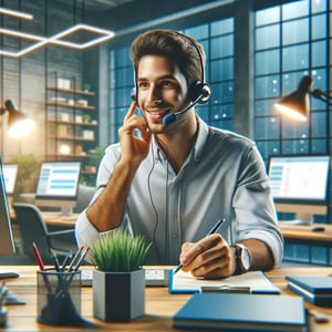 DALL·E 2024-05-28 18.02.11 - An image depicting the concept of support, featuring a person talking on a support phone. The scene shows a professional in a modern office setting, w DALL·E 2024-05-28 18.02.11 - An image depicting the concept of support, featuring a person talking on a support phone. The scene shows a professional in a modern office setting, w