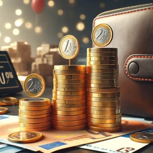 DALL·E 2024-05-28 18.05.56 - An image symbolizing affordability with euro coins as the central theme. The scene includes a pile of shiny euro coins, prominently displayed in the f