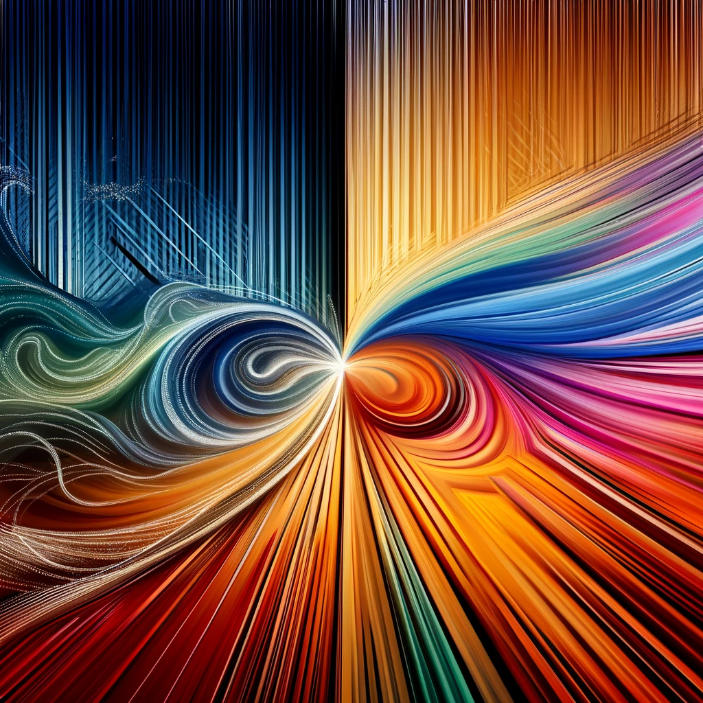 DALL·E 2024-05-06 00.24.53 - An abstract representation of the concept of translation as a visual transition. The image illustrates two distinct color blocks representing differen